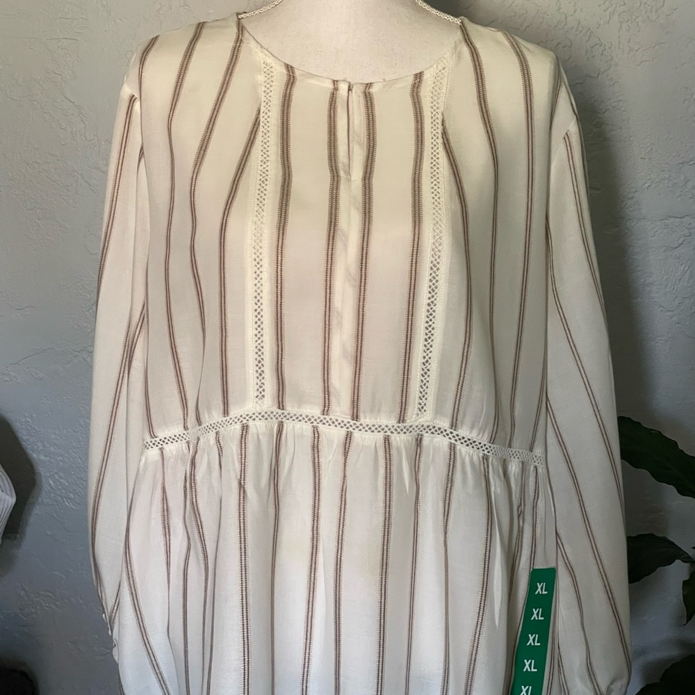 Fever cream striped babydoll tunic puffy long sleeves elastic wrist cottage core